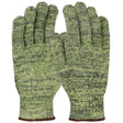 A pair of PIP Kut Gard A6 Seamless Knit ATA Hide-Away MATA500HA gloves, featuring a green mottled design with dark brown cuffs, cut-resistant and displayed side by side against a white background.