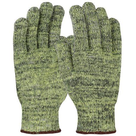 A pair of PIP Kut Gard A6 Seamless Knit ATA Hide-Away MATA500HA gloves, featuring a green mottled design with dark brown cuffs, cut-resistant and displayed side by side against a white background.