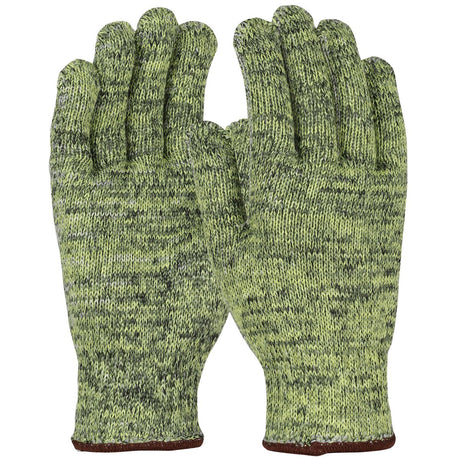 The PIP Kut Gard A7 Seamless Knit ATA Hide-Away MATA501HA gloves, featuring a green and gray speckled design with brown trim, are showcased side by side against a plain white background, highlighting their seamless knit construction for enhanced comfort.