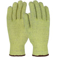 A pair of PIP Kut Gard A8 Seamless Knit ATA work gloves, featuring yellow design with brown cuffs and enhanced with ATA Technology for cut resistance, displayed side by side on a white background.