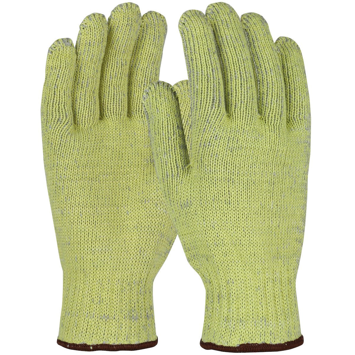 A pair of PIP Kut Gard A8 Seamless Knit ATA work gloves, featuring yellow design with brown cuffs and enhanced with ATA Technology for cut resistance, displayed side by side on a white background.