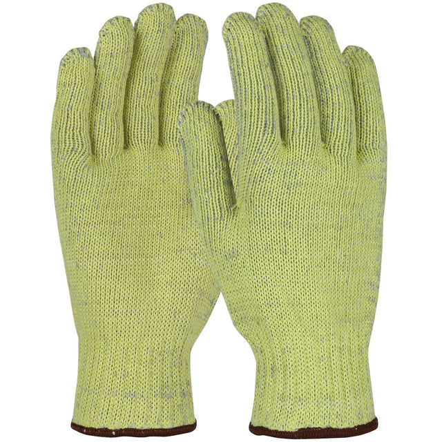 A pair of PIP Kut Gard A8 Seamless Knit ATA work gloves, featuring yellow design with brown cuffs and enhanced with ATA Technology for cut resistance, displayed side by side on a white background.