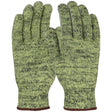 A pair of green PIP Kut Gard A8 seamless knit ATA gloves featuring a speckled pattern, laid flat and facing upwards. These cut-resistant gloves have brown trim at the cuffs.