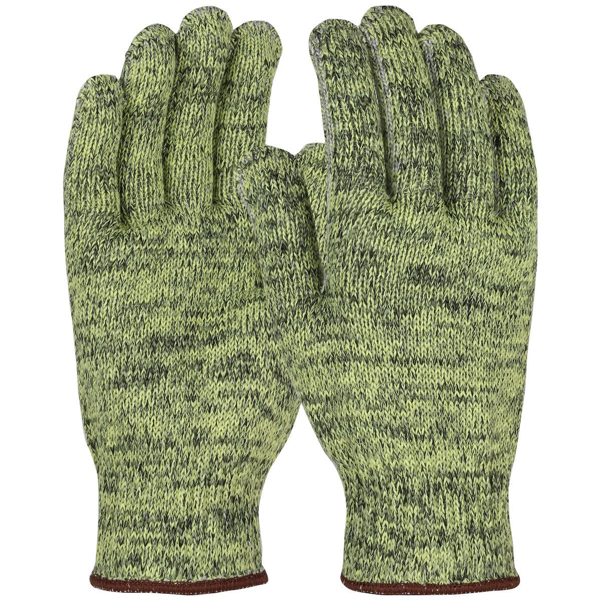 A pair of green PIP Kut Gard A8 seamless knit ATA gloves featuring a speckled pattern, laid flat and facing upwards. These cut-resistant gloves have brown trim at the cuffs.