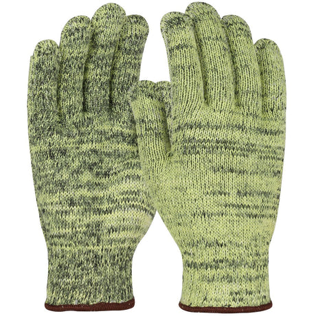 A pair of PIP Kut Gard A9 seamless knit gloves in green with a speckled pattern and ribbed cuffs at the wrists are displayed side by side against a white background. These cut-resistant gloves are part of the PIP - Protective Industrial Products line.