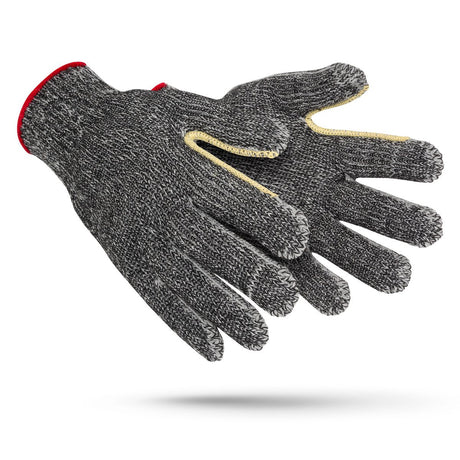 The PIP Kut Gard Seamless Knit ATA Gloves MATPBK40GYPL-OERT showcase grey work gloves featuring red cuffs and a yellow trim around the fingers, providing high cut protection through ATA Technology, set against a white background.