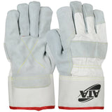 The PIP Split Cowhide Leather Palm Gloves with ATA Lining, available in a pack of 12 pairs, showcase reinforced palms and a distinctive stitched X design on the wrists. Accentuated with red trim at the cuffs and featuring the "ALA" logo on one glove, these gloves by Protective Industrial Products (PIP) combine style with cut resistance for dependable protection.