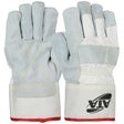 Introducing the PIP Split Cowhide Leather Palm Glove with ATA Lining MJVATA, available in a set of 12 pairs. These gloves by Protective Industrial Products showcase a combination of light gray and white fabric, reinforced palms, and an "X" stitched pattern. The cuffs are branded with "ATA," emphasizing their durability and protection for demanding environments.