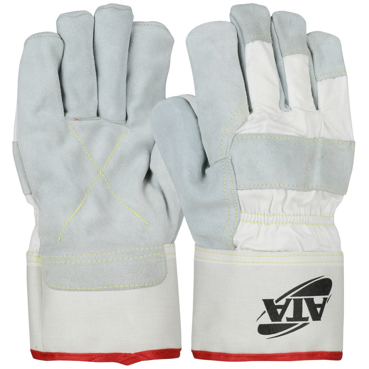 Introducing the PIP Split Cowhide Leather Palm Glove with ATA Lining MJVATA, available in a set of 12 pairs. These gloves by Protective Industrial Products showcase a combination of light gray and white fabric, reinforced palms, and an "X" stitched pattern. The cuffs are branded with "ATA," emphasizing their durability and protection for demanding environments.