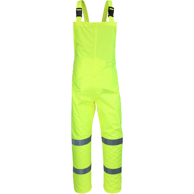 The PIP Viz ANSI Class E Waterproof Bib WW4033P by Protective Industrial Products is a vibrant neon yellow safety overall featuring reflective stripes around the legs. Designed for high visibility, these rainwear essentials include adjustable shoulder straps and a high bib design, ensuring waterproof protection and maximum safety with their ANSI Class E certification.