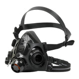 The PIP North 7700 Series Silicone Half Mask by PIP is a black industrial respirator made of medical-grade silicone with dual adjustable straps, multiple filter attachment points, a clear faceplate, and a circular front filter for protection against airborne contaminants.