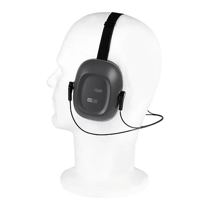 The PIP Howard Leight VS130N VeriShield Neckband Earmuff 1035116-VS, shown on a mannequin head facing left, features a slim black neckband design that is hard hat compatible and provides effective hearing protection.
