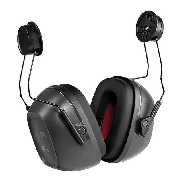 The Honeywell Safety VS130H VeriShield Helmet Earmuffs 1035124-VS offer superior hearing protection with noise-canceling technology, an adjustable headband, and cushioned ear cups. Featuring a sleek design with red inner padding accents, they are ideal for construction or industrial use.