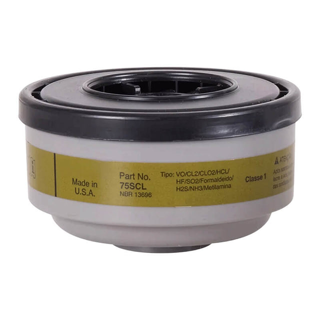The Honeywell North N-Series Defender Multi-Purpose Cartridge, available from PK Safety Supply, is marked with part number 75SCL and exhibits a distinctive yellow label. This NIOSH-approved cartridge features a cylindrical design with a black top and white base, ensuring dependable protection against organic vapors and acid gases. It is proudly manufactured in the U.S.A.