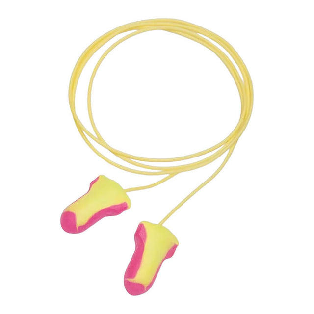PIP Howard Leight Laser-Lite Disposable Corded Earplugs by PIP feature bright yellow and pink foam with a yellow cord, offering reliable noise reduction. Sold as 100 pairs per box.