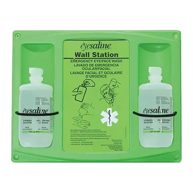 The Honeywell 462 32oz. Double Eyewash, branded by FendAll, is essential in any eye hazard area and comes with two bottles of Eyesaline solution. This green emergency eye/face wash station features a central panel that provides usage instructions in both English and Spanish, accompanied by an image illustrating the proper emergency flushing technique.
