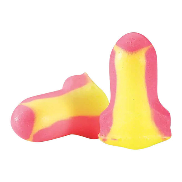 A pair of PIP Howard Leight Laser-Lite Disposable Earplugs in yellow and pink swirls, with one upright and one on its side against a white background, provide effective hearing protection. Comes 200 pairs per box.
