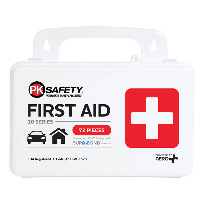 The PK Safety 10 Series Auto/Truck First Aid Weatherproof Kit is a white, weatherproof first aid kit featuring a handle, the PK Safety logo, a red cross, and icons of a car and house. Designed for treating minor wounds, it contains 72 pieces including AmeriPax bandages and Supra-Bond adhesive. It has an FDA registration code of AK10W-1529.