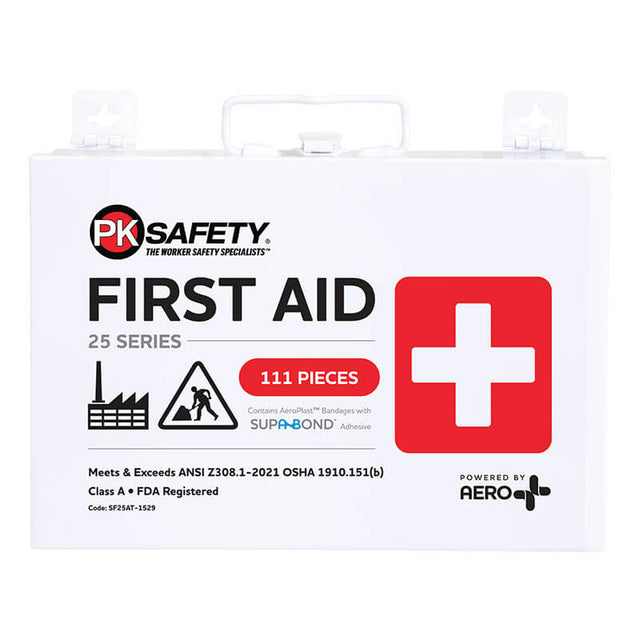 A robust white metal first aid kit known as the PK Safety 25 Series First Aid Tough Kit 2021, features a red cross and text that reads: "PK Safety, First Aid 25 Series, 111 Pieces." Ideal for ensuring safety on worksites, it includes AeroPlast bandages with SupaBond adhesive and meets safety compliance standards.