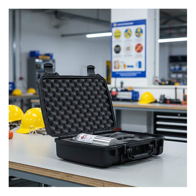 A black hard case with foam padding sits open on a workbench in an industrial workspace, holding a metal cylinder from the PK Safety BW Equivalent Calibration Kit PKCalKit-BW. Yellow safety helmets and tools are visible in the background.