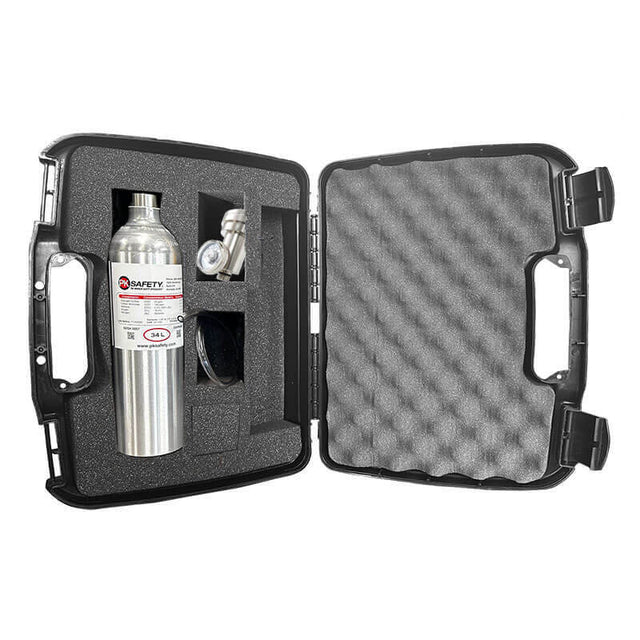 The BW Technologies by Honeywell GasAlert Max XT II Bundle includes a black hard-shell foam-padded case with organized metal cylinder, regulator valve, and compartments—ideal for confined space gas detection. Contents are neatly displayed when open.
