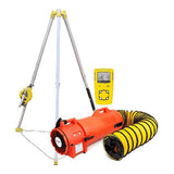 The PK Safety Confined Space Rescue Kit includes a tripod with winch, an orange ventilator fan with yellow and black duct, and an OSHA-compliant 4-gas monitor for safe confined space entry.