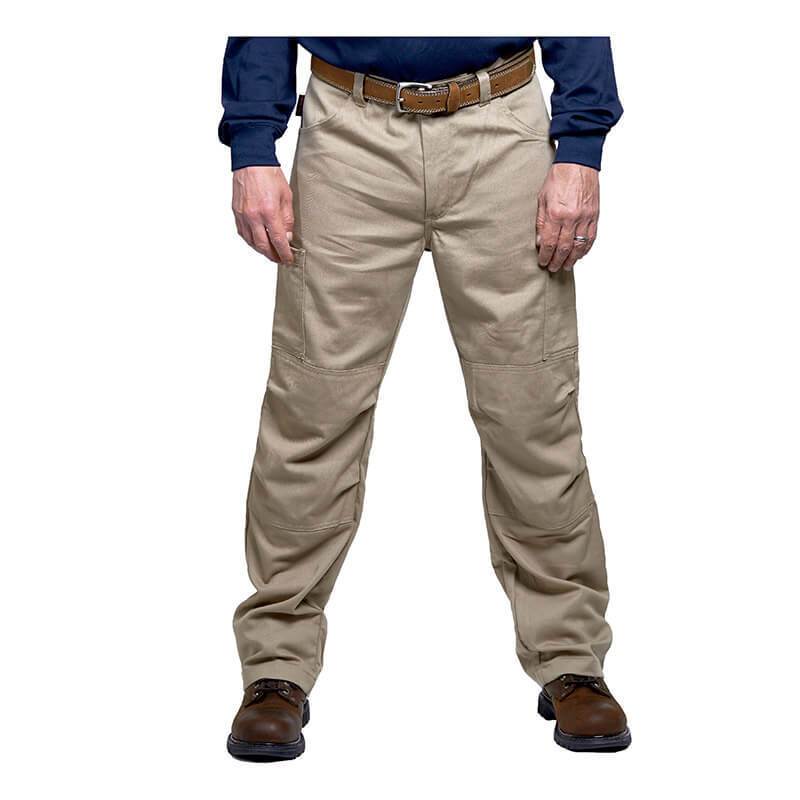 A person is shown wearing GRIT FR cargo pants from GRIT FR Workwear, a brown leather belt, and brown dress shoes, paired with a dark long-sleeve shirt. The emphasis is on the lower half of the body against a plain white background.