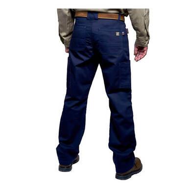 A back view of a person wearing GRIT FR Workwear's dark blue GRIT FR Cargo Pants featuring multiple pockets, paired with a brown belt. The ensemble is completed with brown shoes and a beige shirt, offering both style and CAT2 protection.