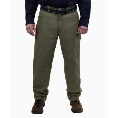 A person is wearing the GRIT FR Carpenter Pants Green Duck from GRIT FR Workwear, secured with a dark belt, paired with brown shoes. The 8.5 oz. fabric of the cargo design complements the navy long-sleeve shirt, all set against a plain white background.