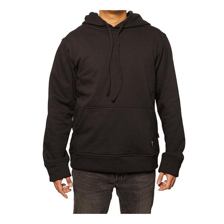 A person wearing the GRIT FR Pullover Hoodie from GRIT FR Workwear, featuring a front pocket and drawstrings, stands facing forward. They are also dressed in dark jeans against a plain white background.