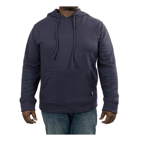 A person wearing the GRIT FR Pullover Hoodie from GRIT FR Workwear, in dark gray with long sleeves, drawstrings, and a front pocket, is paired with blue jeans against a white background. This flame-resistant hoodie is perfect for electrical work apparel, providing both comfort and safety.