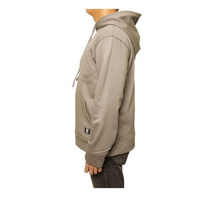 A person is wearing a GRIT FR Pullover Hoodie in gray and dark pants, standing in profile view. The hoodie, part of the GRIT FR Workwear collection for electrical professionals, includes a front pocket and a drawstring hood. The background is plain white.