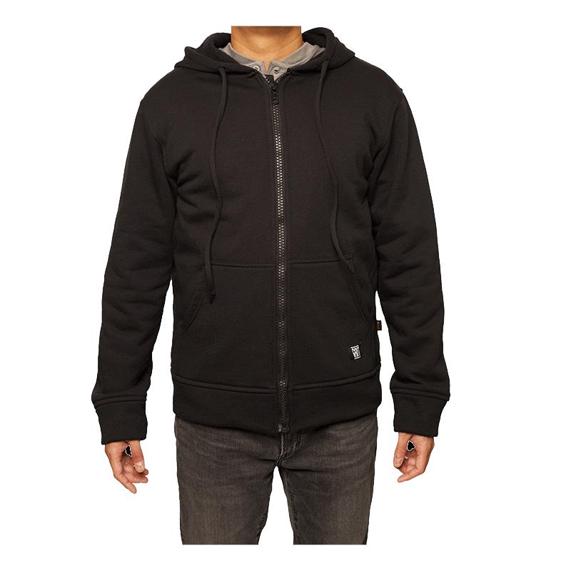 A person wearing a black GRIT FR Zip-Up Hoodie from GRIT FR Workwear over a gray shirt and dark jeans. This flame-resistant attire ensures the worker's safety, with the person's hands slightly visible by their sides against a plain white background.