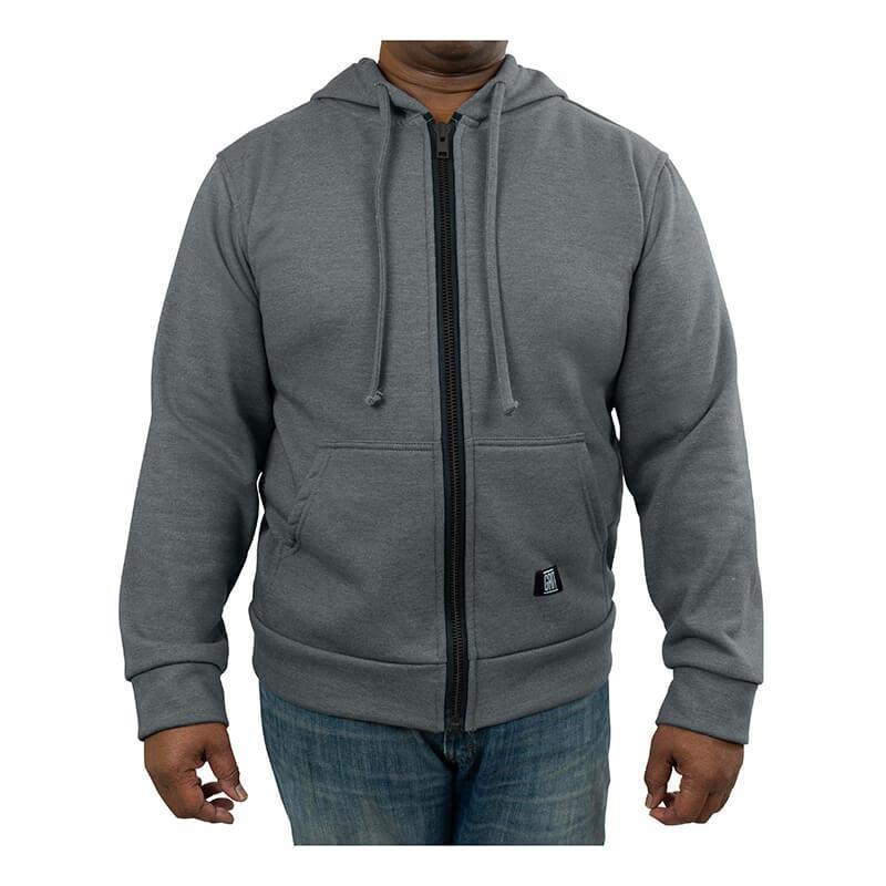 A person wears a GRIT FR Zip-Up Hoodie by GRIT FR Workwear, renowned for its flame-resistant qualities, standing with their hands by their sides in blue jeans. The gray zip-up hoodie features drawstrings and a small black patch near the zipper, set against a plain white background to highlight the design crafted by Worker Safety Specialists.