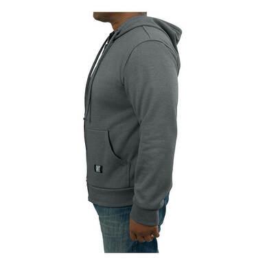 Side view of a person wearing a GRIT FR Zip-Up Hoodie in gray, renowned for its flame-resistant design and trusted by worker safety specialists, paired with blue jeans. The person's face is not visible.