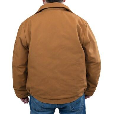 A person is shown from behind wearing a GRIT FR Insulated Field Jacket and blue jeans. The plain brown jacket features a folded collar, highlighting its sturdy design by GRIT FR Workwear, ideal for any tough day outdoors.