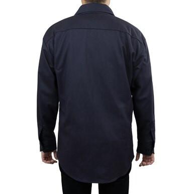 Rear view of a person wearing a long-sleeved, flame-resistant navy shirt and black pants. The GRIT FR Twill Work Shirt by GRIT FR Workwear features a straight hemline and classic collar, perfect for those prioritizing safety products. The person's hands are at their sides, set against a plain white background.