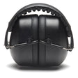 The Pyramex Safety PM3010 Ear Muff, shown folded on a white background, features black noise-canceling ear muffs with a padded, adjustable headband for compact hearing protection and easy storage.