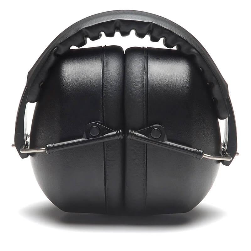 The Pyramex Safety PM3010 Ear Muff, shown folded on a white background, features black noise-canceling ear muffs with a padded, adjustable headband for compact hearing protection and easy storage.
