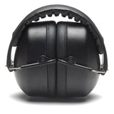 The Pyramex Safety PM3010 Ear Muff, shown folded on a white background, features black noise-canceling ear muffs with a padded, adjustable headband for compact hearing protection and easy storage.