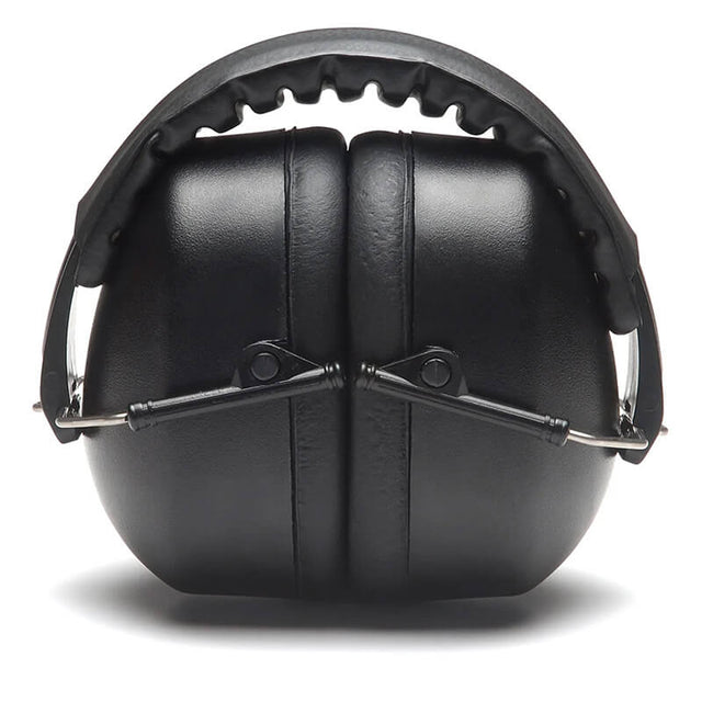 The Pyramex Safety PM3010 Ear Muff, shown folded on a white background, features black noise-canceling ear muffs with a padded, adjustable headband for compact hearing protection and easy storage.