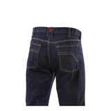 The back view of a person wearing the NSA DRIFIRE Relaxed Straight Leg FR Jean PNT-JRS02 in dark blue with yellow stitching and two back pockets, standing against a white background.