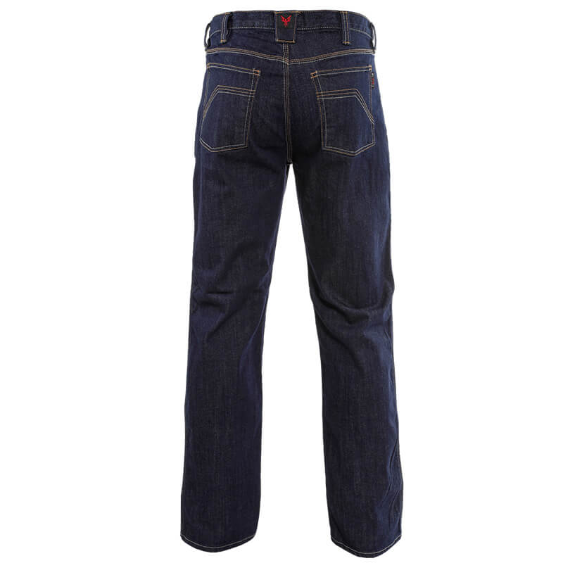 A pair of DRIFIRE Relaxed Straight Leg FR Jeans (PNT-JRS02) by NSA in dark blue denim, shown from the back, featuring two rear pockets with yellow stitching and a black waistband label.