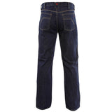 A pair of DRIFIRE Relaxed Straight Leg FR Jeans (PNT-JRS02) by NSA in dark blue denim, shown from the back, featuring two rear pockets with yellow stitching and a black waistband label.