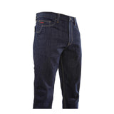 The NSA DRIFIRE Relaxed Straight Leg FR Jean PNT-JRS02 is a pair of dark blue flame-resistant stretch denim jeans featuring yellow stitching, front pockets, and a visible button and zipper, displayed on a white background.