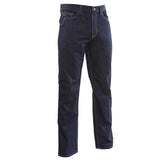 The NSA DRIFIRE Relaxed Straight Leg FR Jean (PNT-JRS02) features dark blue stretch denim with visible stitching, a classic five-pocket design, and a button closure at the waist.