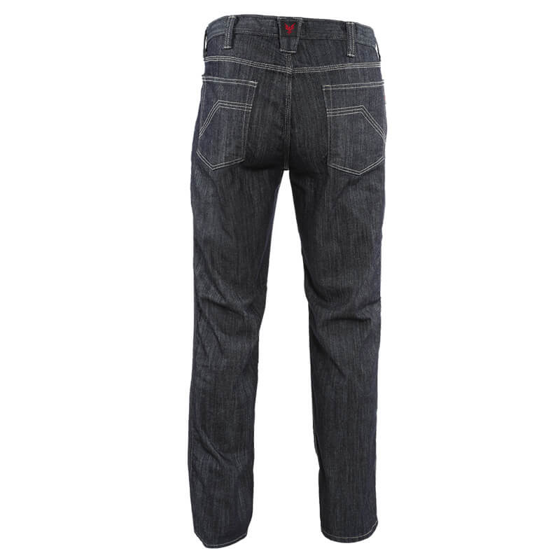 Back view of the NSA DRIFIRE Slim Straight Leg FR Jean PNT-JSS01 in dark blue denim, featuring white stitching and two rear pockets, displayed against a white background.