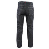 Back view of the NSA DRIFIRE Slim Straight Leg FR Jean PNT-JSS01 in dark blue denim, featuring white stitching and two rear pockets, displayed against a white background.