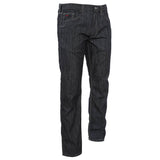 The NSA DRIFIRE Slim Straight Leg FR Jean (PNT-JSS01) features dark blue denim with white stitching, front and back pockets, and a button closure, all displayed on a white background—combining style with arc protection for demanding work environments.