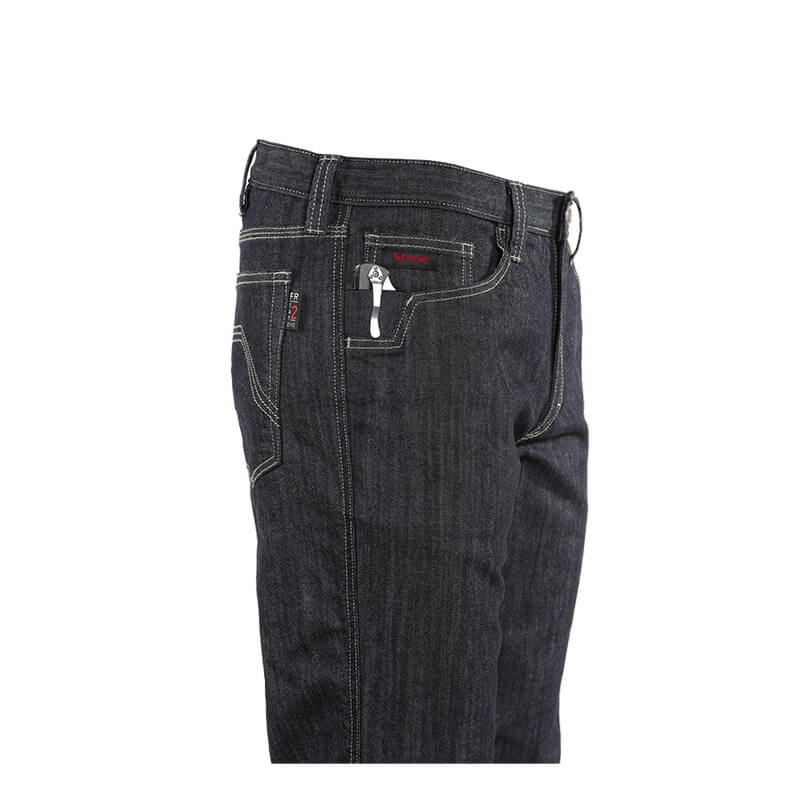 Side view of NSA DRIFIRE Slim Straight Leg FR Jean PNT-JSS01 in dark blue with contrast stitching, featuring a small screwdriver partially tucked into the front pocket.